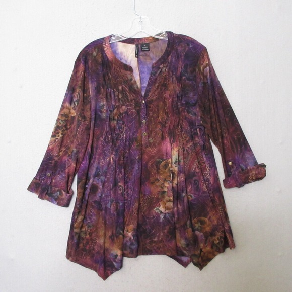 new directions Tops - New Direction‎ Top Tunic XL Dark Floral Popover Pleated Boho Flowy Asymmetrical